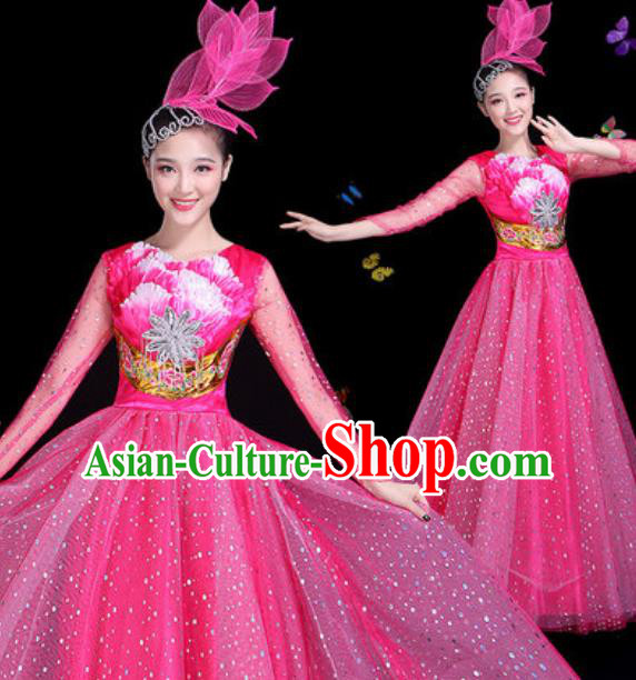 Traditional Chinese Modern Dance Rosy Veil Dress Spring Festival Gala Opening Dance Stage Performance Costume for Women
