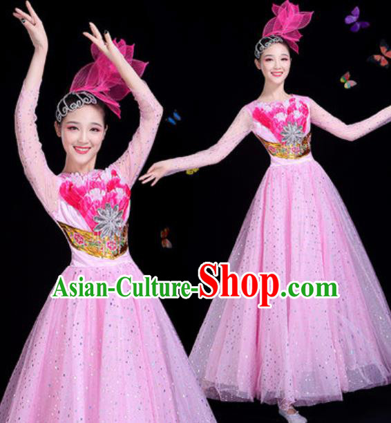 Traditional Chinese Modern Dance Pink Veil Dress Spring Festival Gala Opening Dance Stage Performance Costume for Women