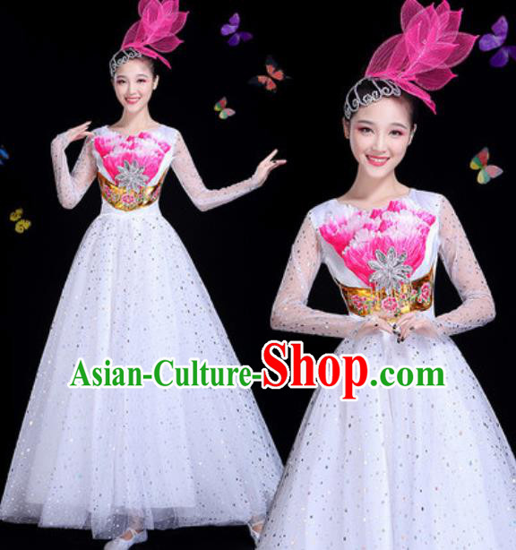 Traditional Chinese Modern Dance White Veil Dress Spring Festival Gala Opening Dance Stage Performance Costume for Women