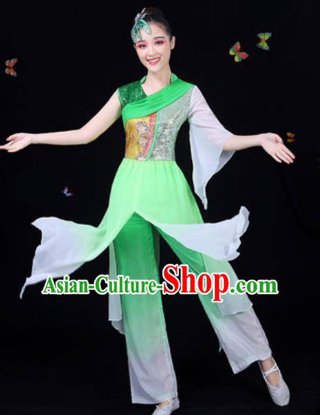 Chinese Traditional Classical Dance Green Clothing Fan Dance Group Dance Stage Performance Costume for Women