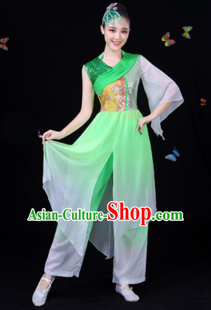 Chinese Traditional Classical Dance Green Clothing Fan Dance Group Dance Stage Performance Costume for Women