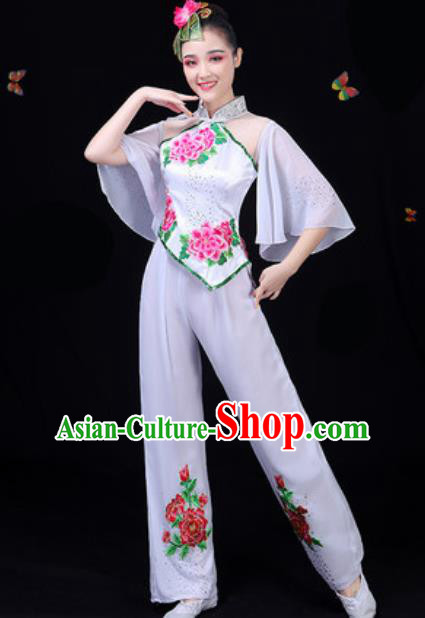 Traditional Chinese Yangko Embroidered White Clothing Folk Dance Fan Dance Stage Performance Costume for Women