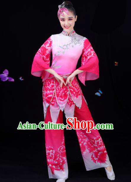 Traditional Chinese Yangko Lotus Dance Rosy Clothing Folk Dance Fan Dance Stage Performance Costume for Women