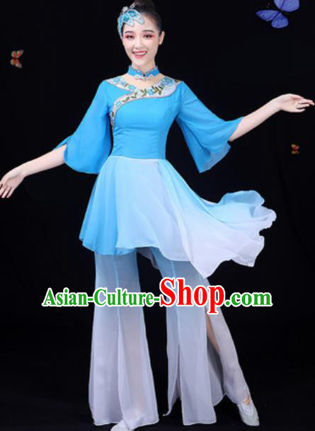 Chinese Traditional Classical Dance Blue Dress Umbrella Dance Group Dance Stage Performance Costume for Women