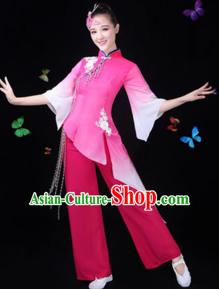 Traditional Chinese Yangko Lotus Dance Pink Clothing Folk Dance Fan Dance Stage Performance Costume for Women