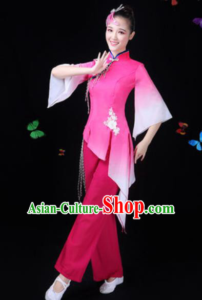 Traditional Chinese Yangko Lotus Dance Pink Clothing Folk Dance Fan Dance Stage Performance Costume for Women