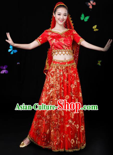 Traditional Chinese Minority Ethnic Red Dress Uyghur Nationality Folk Dance Stage Performance Costume for Women