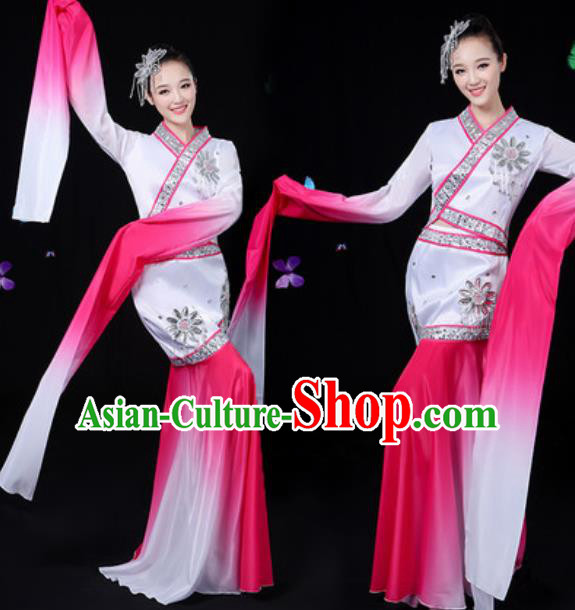 Chinese Traditional Classical Dance Rosy Water Sleeve Dress Umbrella Dance Group Dance Stage Performance Costume for Women