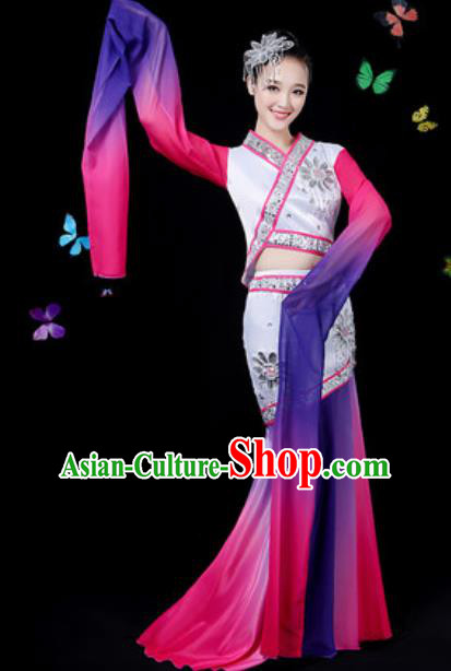 Chinese Traditional Classical Dance Purple Water Sleeve Dress Umbrella Dance Group Dance Stage Performance Costume for Women