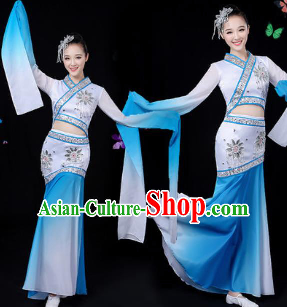 Chinese Traditional Classical Dance Blue Water Sleeve Dress Umbrella Dance Group Dance Stage Performance Costume for Women
