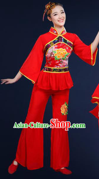 Traditional Chinese Fan Dance Embroidery Peony Red Clothing Folk Dance Yangko Stage Performance Costume for Women