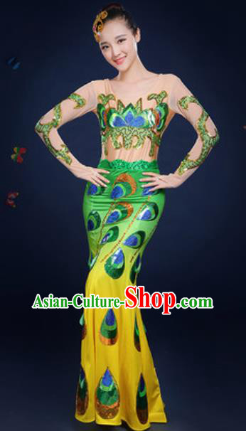 Traditional Chinese Minority Ethnic Green Dress Dai Nationality Dance Stage Performance Costume for Women