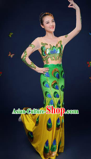 Traditional Chinese Minority Ethnic Green Dress Dai Nationality Dance Stage Performance Costume for Women