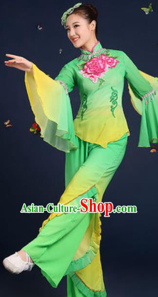 Traditional Chinese Fan Dance Embroidery Peony Green Clothing Folk Dance Yangko Stage Performance Costume for Women