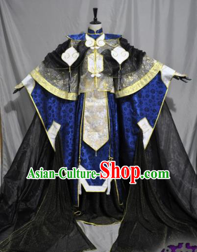 Traditional Chinese Cosplay Swordsman Royalblue Hanfu Clothing Ancient Prince Embroidered Costume for Men