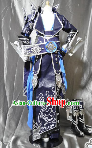 Traditional Chinese Cosplay Swordsman Purple Armor Hanfu Clothing Ancient Prince Embroidered Costume for Men