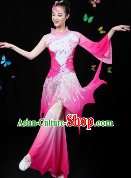 Chinese Traditional Classical Dance Lotus Dance Rosy Dress Umbrella Dance Group Dance Stage Performance Costume for Women