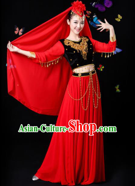 Traditional Chinese Minority Ethnic Red Dress Uyghur Nationality Folk Dance Stage Performance Costume for Women