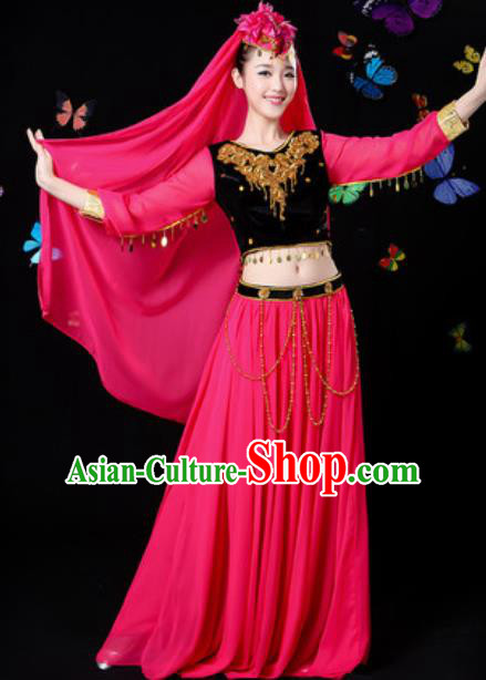 Traditional Chinese Minority Ethnic Rosy Dress Uyghur Nationality Folk Dance Stage Performance Costume for Women