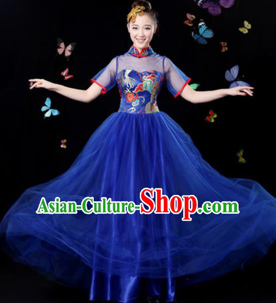 Chinese Traditional Classical Dance Royalblue Veil Dress Umbrella Dance Group Dance Stage Performance Costume for Women