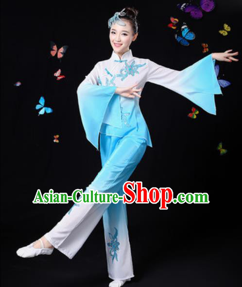 Traditional Chinese Yangko Dance Light Blue Clothing Folk Dance Fan Dance Stage Performance Costume for Women