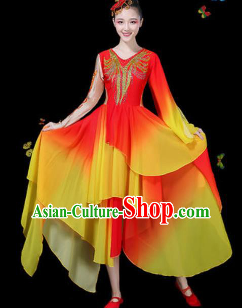 Chinese Traditional Classical Dance Red Dress Umbrella Dance Group Dance Stage Performance Costume for Women