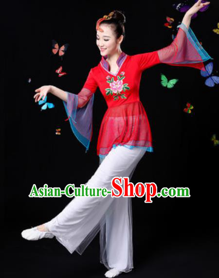 Traditional Chinese Yangko Dance Red Veil Clothing Folk Dance Fan Dance Stage Performance Costume for Women