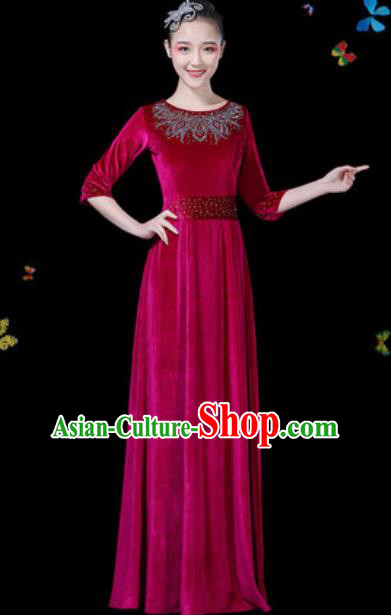 Traditional Chinese Modern Dance Wine Red Dress Chorus Stage Performance Costume for Women