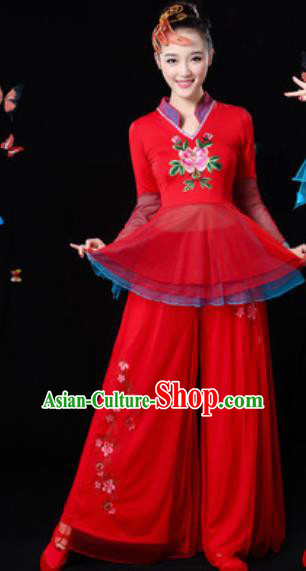 Traditional Chinese Yangko Group Dance Red Veil Clothing Folk Dance Fan Dance Stage Performance Costume for Women