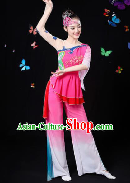 Traditional Chinese Yangko Group Dance Rosy Clothing Folk Dance Fan Dance Stage Performance Costume for Women