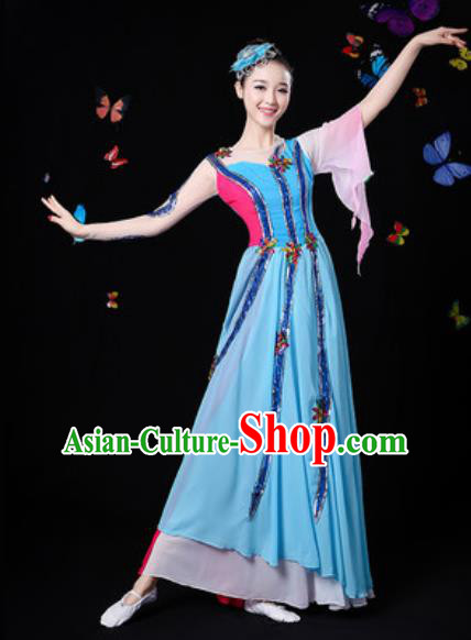 Chinese Traditional Classical Dance Blue Dress Umbrella Dance Group Dance Stage Performance Costume for Women