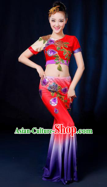 Traditional Chinese Minority Ethnic Red Dress Dai Nationality Peacock Dance Stage Performance Costume for Women