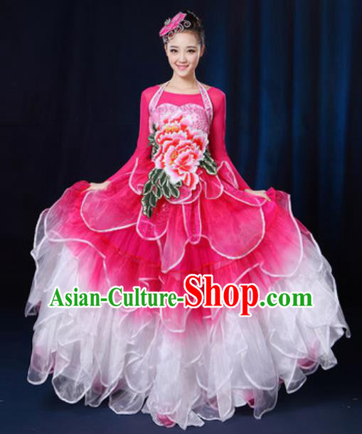 Traditional Chinese Modern Dance Peony Dance Rosy Dress Spring Festival Gala Opening Dance Stage Performance Costume for Women