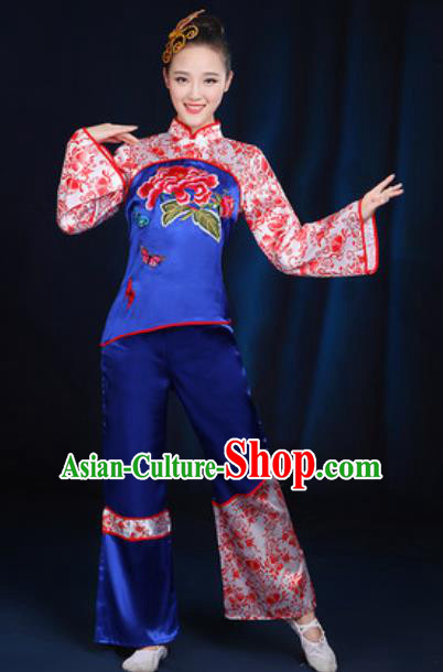 Traditional Chinese Yangko Fan Dance Group Dance Royalblue Clothing Folk Dance Stage Performance Costume for Women