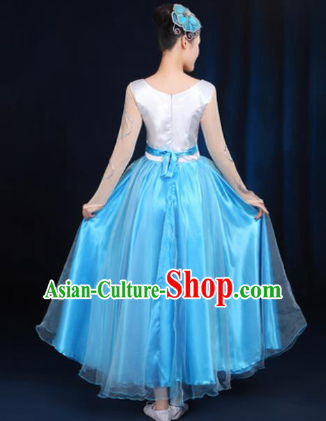 Traditional Chinese Modern Dance Peony Dance Blue Dress Spring Festival Gala Opening Dance Stage Performance Costume for Women