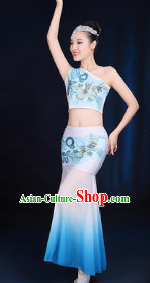 Traditional Chinese Minority Ethnic Blue Dress Dai Nationality Peacock Dance Stage Performance Costume for Women