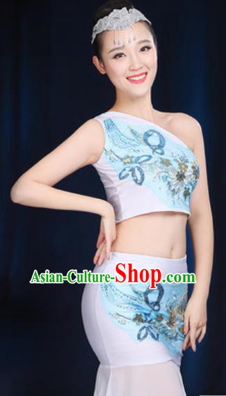 Traditional Chinese Minority Ethnic Blue Dress Dai Nationality Peacock Dance Stage Performance Costume for Women