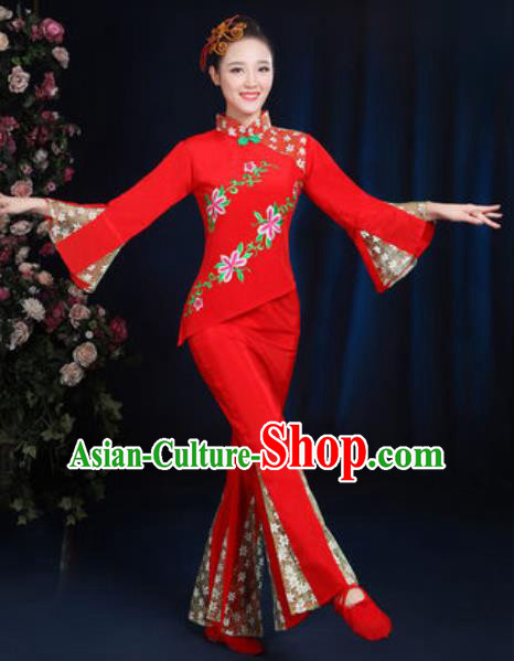 Traditional Chinese Yangko Fan Dance Red Clothing Folk Dance Stage Performance Costume for Women