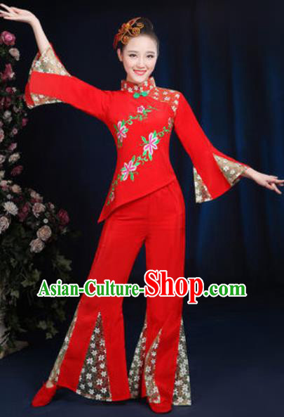 Traditional Chinese Yangko Fan Dance Red Clothing Folk Dance Stage Performance Costume for Women