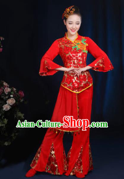 Traditional Chinese Fan Dance Red Clothing Folk Dance Yangko Stage Performance Costume for Women