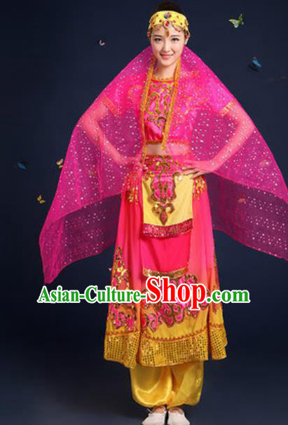 Traditional Chinese Minority Ethnic Dress Uyghur Nationality Dance Stage Performance Rosy Costume for Women