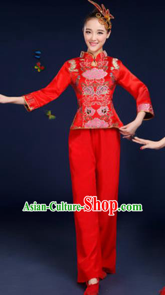 Traditional Chinese Fan Dance Red Satin Clothing Folk Dance Yangko Stage Performance Costume for Women