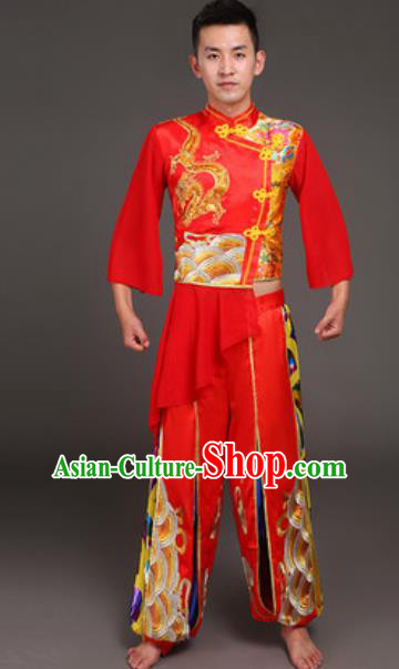 Traditional Chinese Drum Dance Red Clothing Folk Dance Yangko Stage Performance Costume for Men