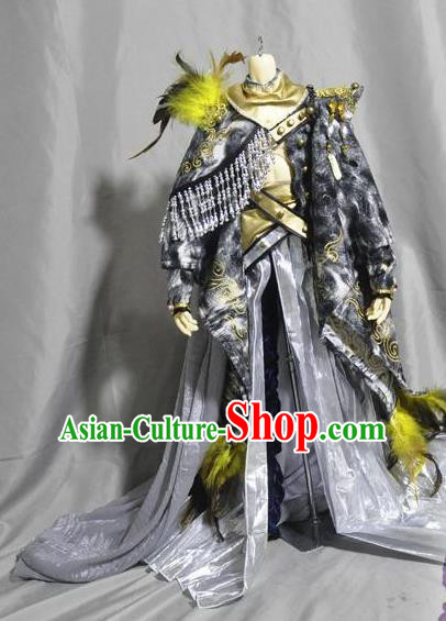 Traditional Chinese Cosplay Young Swordsman Grey Hanfu Clothing Ancient Knight Hero Embroidered Costume for Men