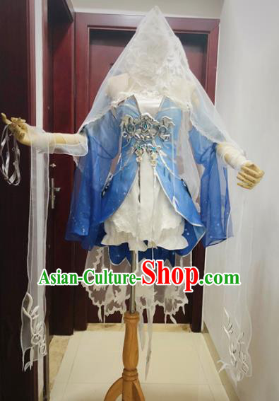 Traditional Chinese Cosplay Female Knight Blue Hanfu Dress Ancient Swordswoman Embroidered Costume for Women