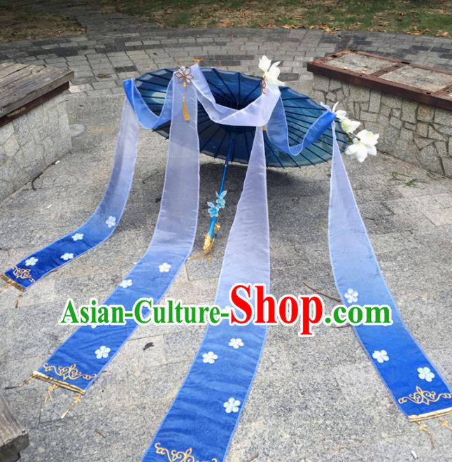 Traditional Chinese Handmade Blue Ribbon Umbrellas Ancient Swordswoman Hanfu Umbrella for Women