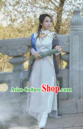 Traditional Chinese Cosplay Swordswoman White Hanfu Dress Ancient Heroine Embroidered Costume for Women