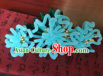 Traditional Chinese Qing Dynasty Blue Velvet Chrysanthemum Hair Comb Hairpins Handmade Ancient Palace Hair Accessories for Women