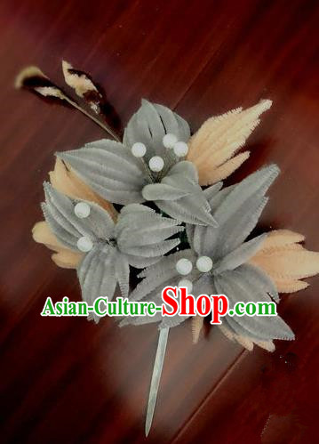 Traditional Chinese Qing Dynasty Grey Velvet Flowers Hairpins Handmade Ancient Palace Hair Accessories for Women