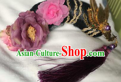 Traditional Chinese Qing Dynasty Imperial Consort Purple Peony Headwear Ancient Palace Manchu Hair Accessories for Women